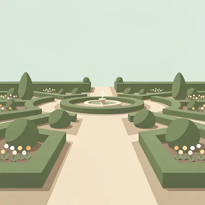 jardin paysager symétrique avec allées structurées et haies taillées en perspective