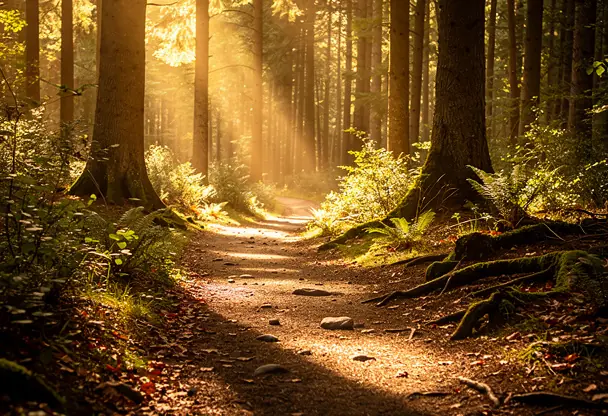 chemin forestier ensoleillé avec arbres hauts et lumière naturelle chaleureuse