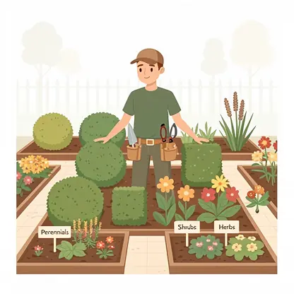 illustration moderne d'un conseiller en aménagement paysager taillant des arbustes et organisant des massifs fleuris