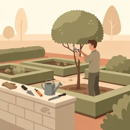 illustration moderne d'un conseiller paysagiste taillant un arbre dans un jardin structuré