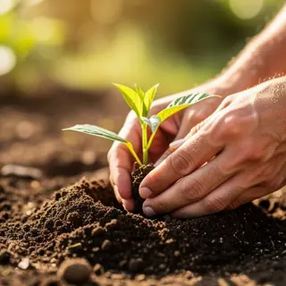 mains plantant une jeune pousse verte dans un sol fertile sous lumière naturelle