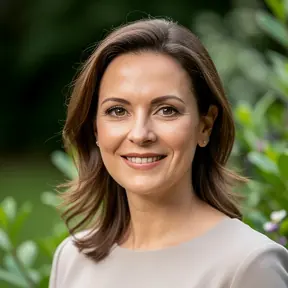 Professional headshot of a woman in her late 30s, garden background slightly blurred, soft daylight, friendly and attentive expression, natural style, realistic photography, high resolution