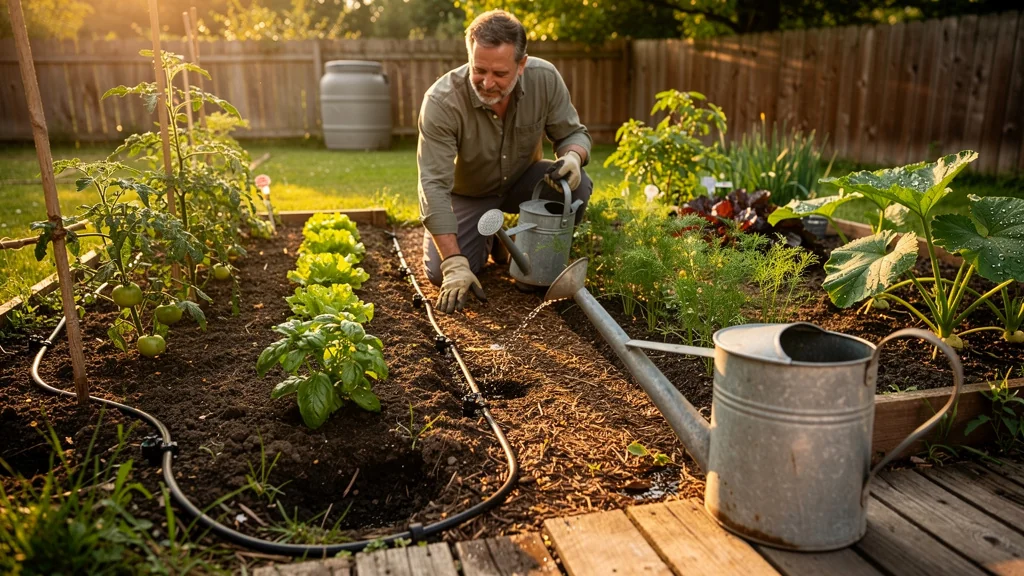 Potager 20 m² avec arrosage goutte-à-goutte et arrosoir, comparaison réaliste pour un avis net