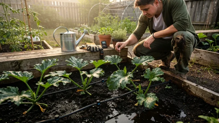 Arroser mon potager au goutte-à-goutte simple : courgettes noyées au début du système d'irrigation