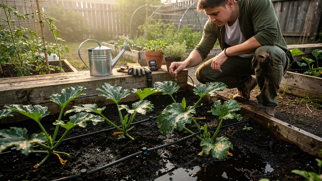 Arroser mon potager au goutte-à-goutte simple : courgettes noyées au début du système d'irrigation