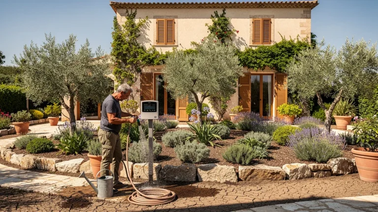 Jardin méditerranéen sans paillage, sol sec et arrosage intensif, illustrant le coût en eau