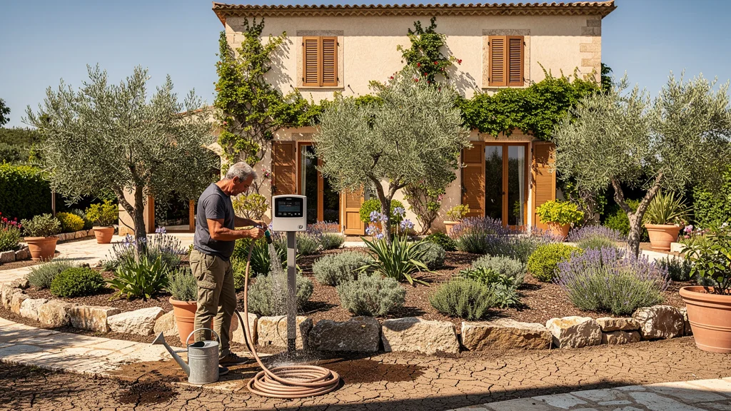 Jardin méditerranéen sans paillage, sol sec et arrosage intensif, illustrant le coût en eau