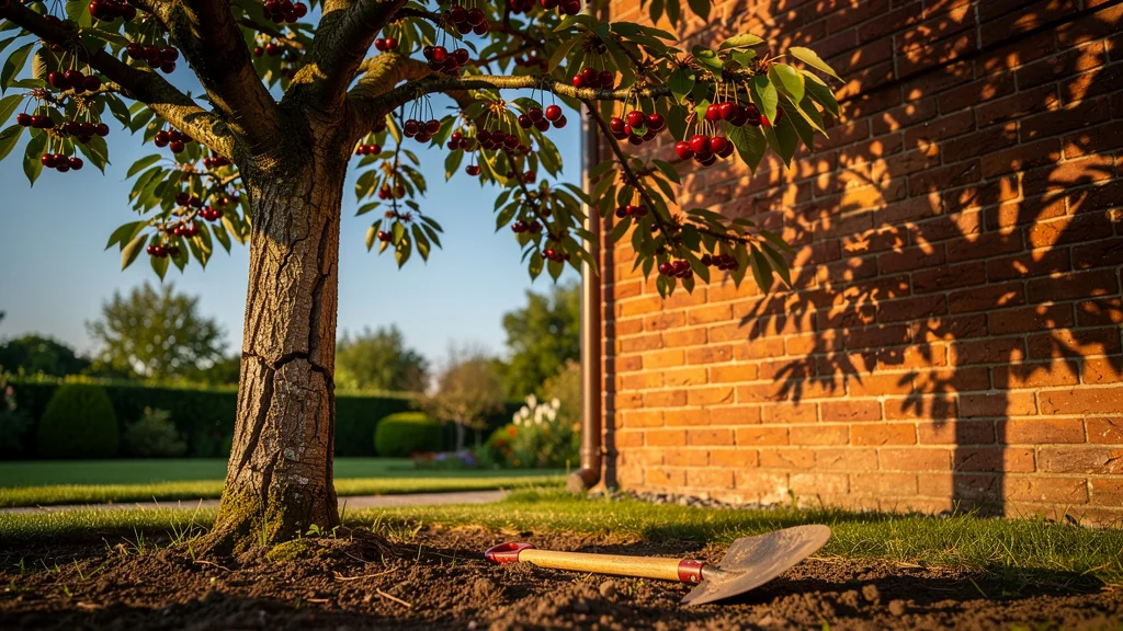 Ceriser trop près d’un mur sud : arbre et mur en brique sous lumière dorée, symbolisant les erreurs de plantation