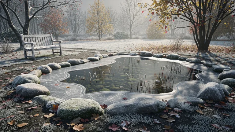 Bassin de jardin en hiver avec glace partielle, feuilles gelées et ambiance paisible pour entretien hivernal
