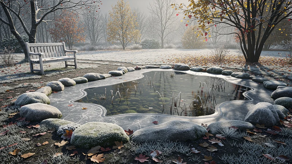 Bassin de jardin en hiver avec glace partielle, feuilles gelées et ambiance paisible pour entretien hivernal