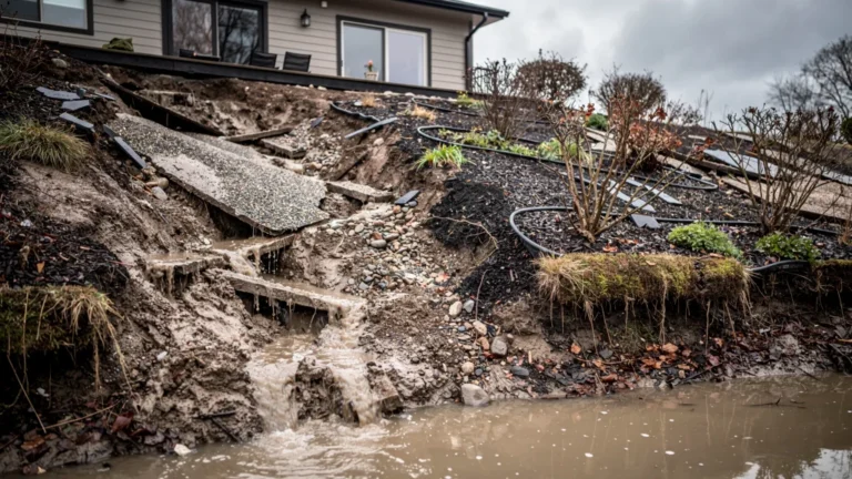 Terrain pentu érodé après un hiver, jardin abîmé par un mauvais drainage