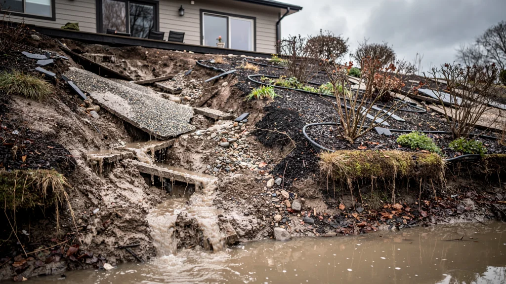 Terrain pentu érodé après un hiver, jardin abîmé par un mauvais drainage