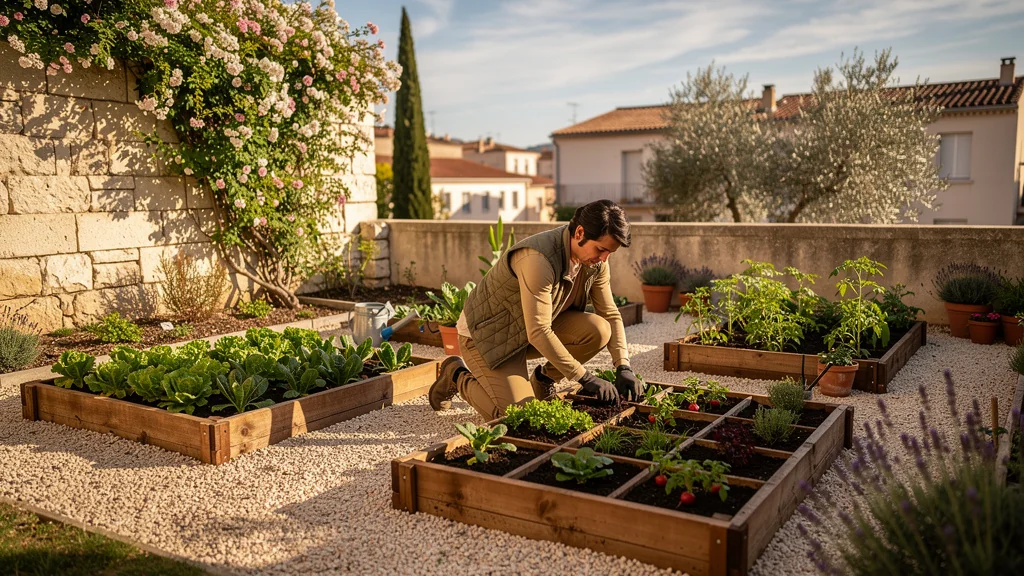 Potager en carrés sur sol argilo-calcaire à Montpellier au premier printemps, vue réaliste du jardin