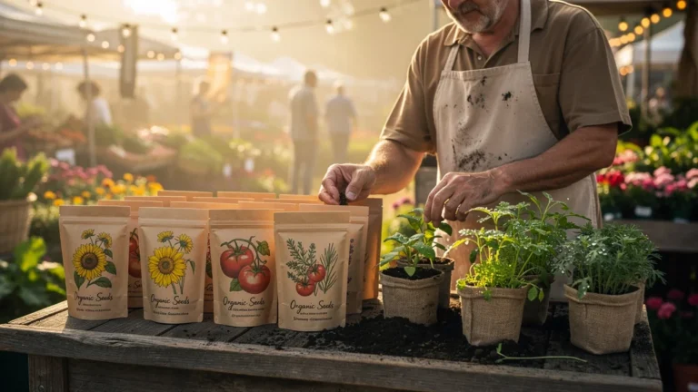 Choix entre graines bio en sachet et plants du marché dans un jardin naturel pour jardinage durable