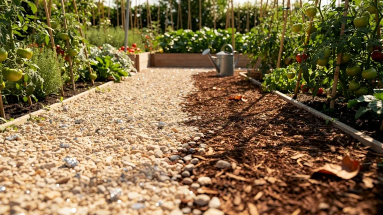 Allée de potager au soleil avec gravillon et copeaux, comparaison après trois étés