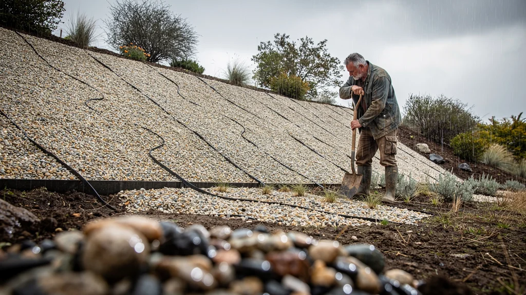 Paillage minéral de 40 m² en pente sous une fine pluie, idéal contre la sécheresse