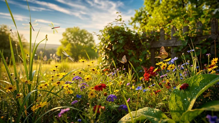 Coin en friche vibrant de biodiversité éclatante après un été, nature sauvage et insectes colorés