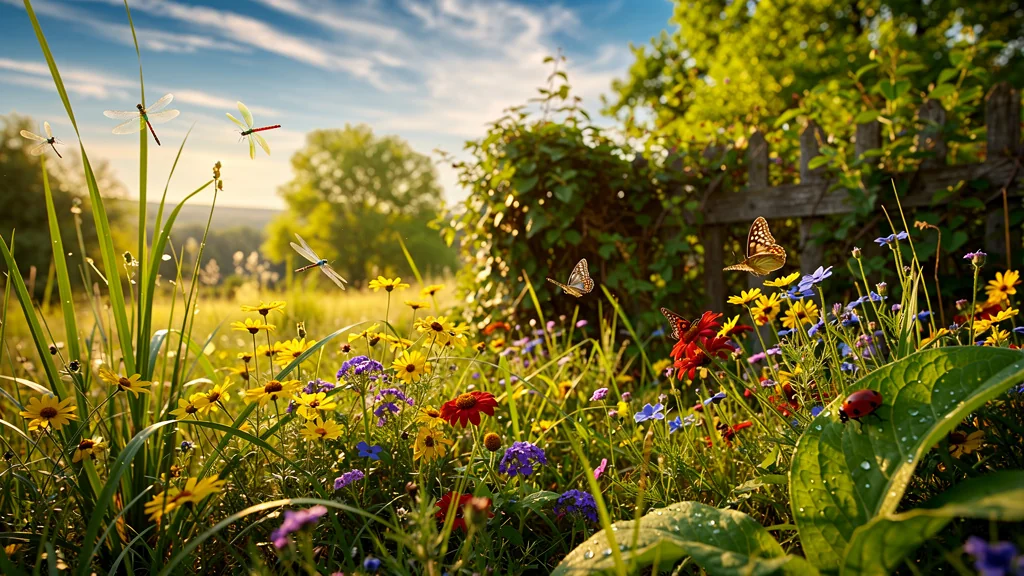 Coin en friche vibrant de biodiversité éclatante après un été, nature sauvage et insectes colorés