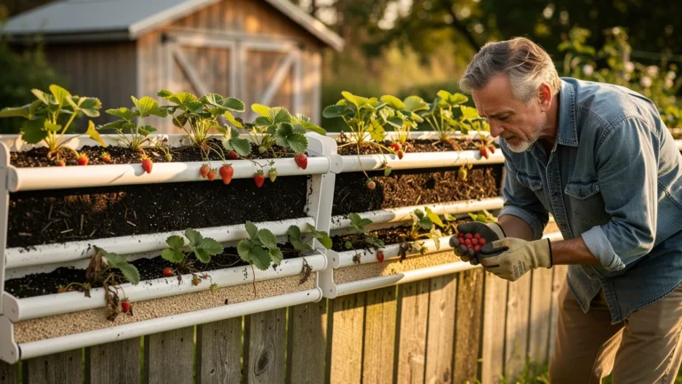 Gouttières suspendues avec fraisiers peu productifs et substrats variés dans un jardin ensoleillé