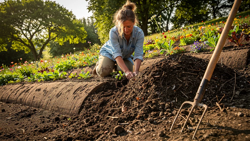 Photographie réaliste d’une culture sur butte sur terrain en pente, avec zones tassées et non tassées