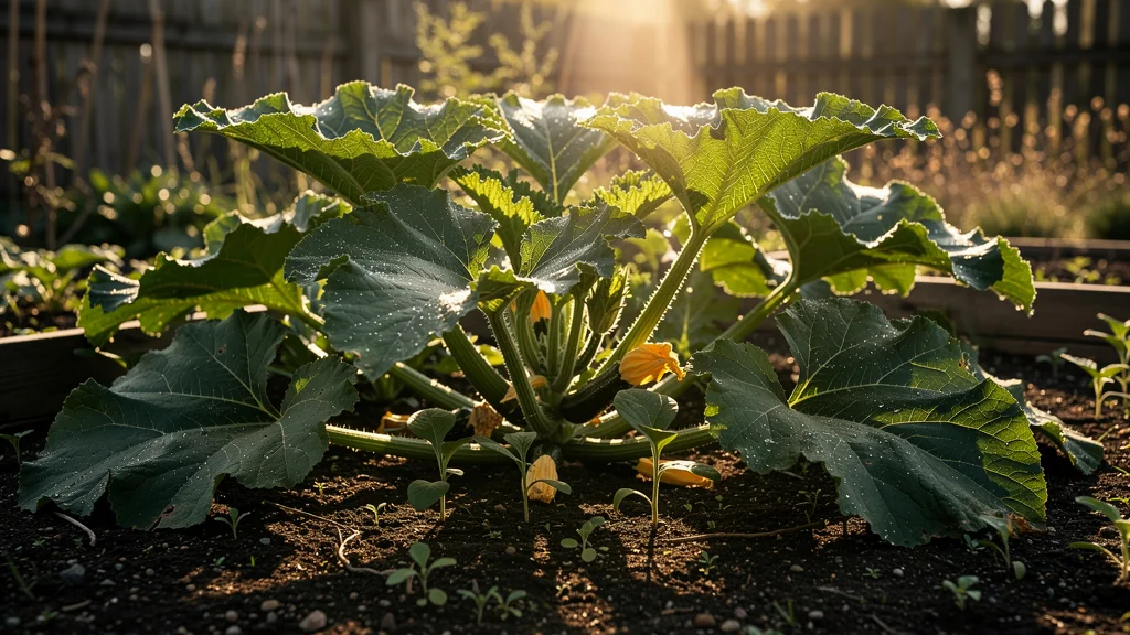 Courgettes envahissantes étouffant les autres plantes dans un jardin potager en plein soleil