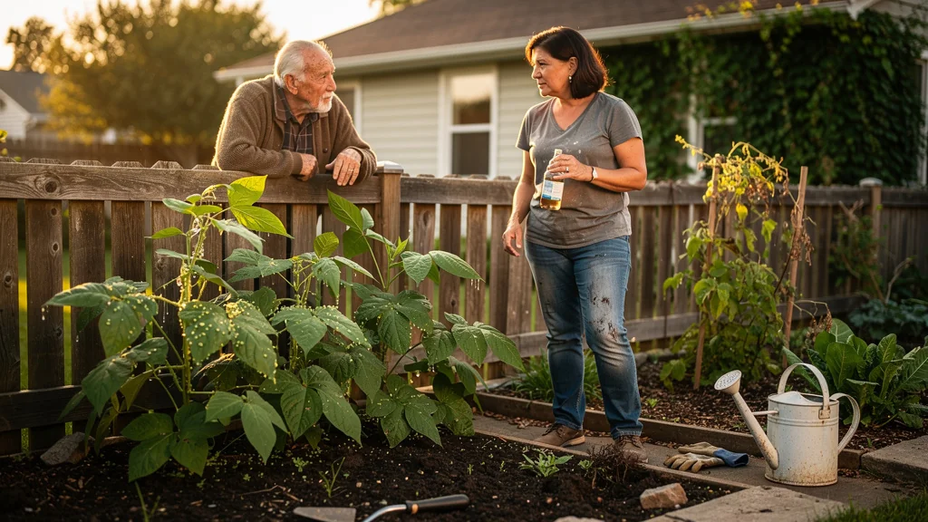 Jardin avec pucerons traités au vinaigre, voisin donnant conseil avant traitement inefficace