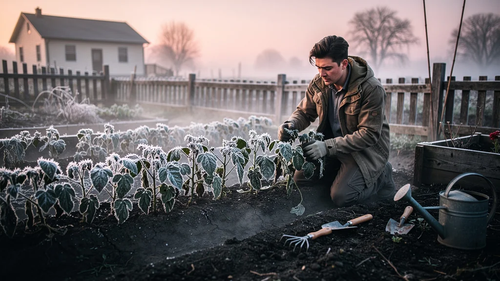 Jeune jardinier regrettant une rangée de haricots gelés détruits par une nuit de gel intense