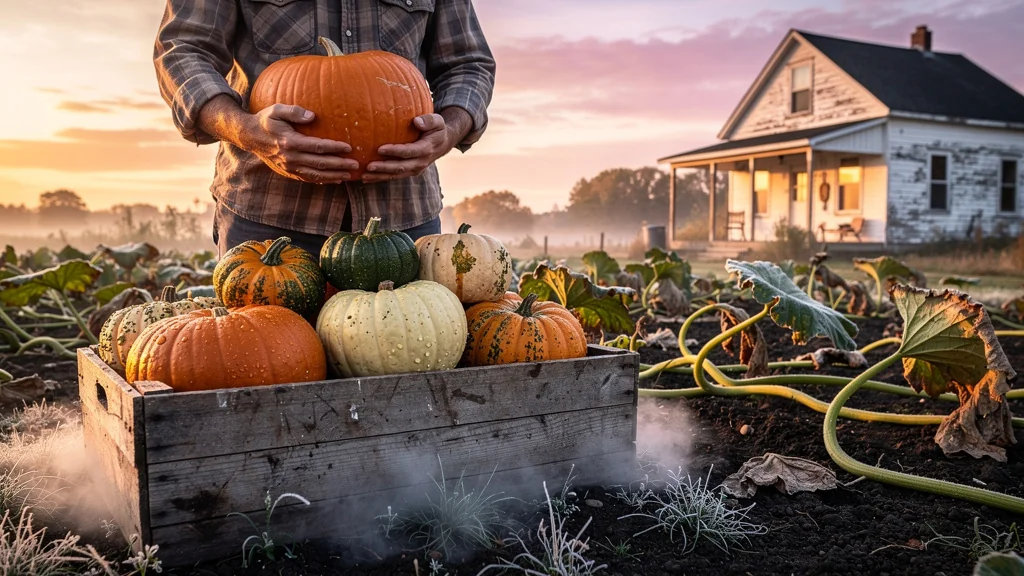 Récolte de courges maison en automne, caisse en bois pleine, ambiance dorée et rustique, lumière naturelle