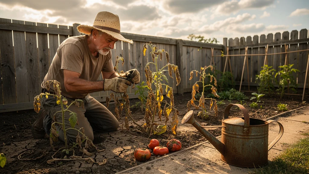 Tomates mortes dans un jardin, victimes de l'oubli de la rotation des cultures en agriculture durable