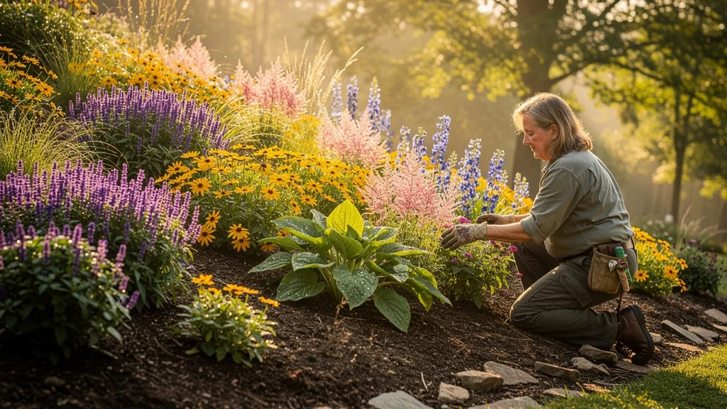 Massif de vivaces parfaitement équilibré sur terrain en pente après trois ans de travail patient