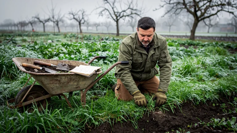 Potager en hiver couvert d’engrais verts, sol protégé pour une meilleure fertilité naturelle