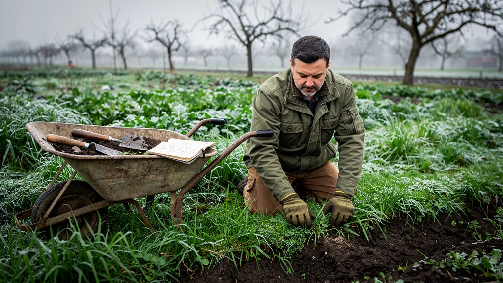 Potager en hiver couvert d’engrais verts, sol protégé pour une meilleure fertilité naturelle