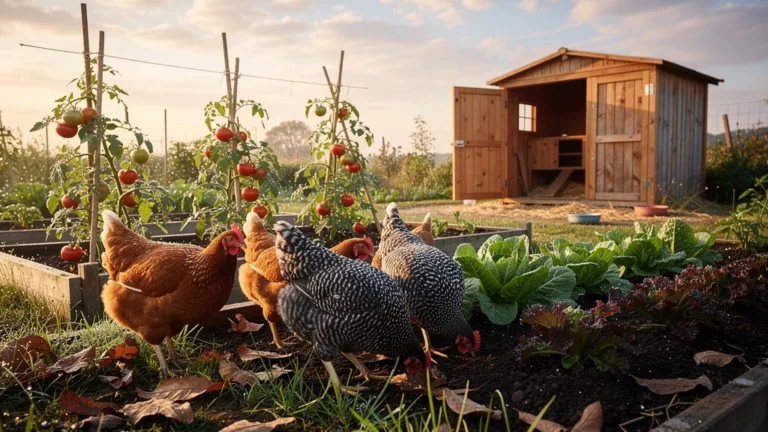 Poules dans un jardin potager luxuriant après un an de cohabitation réussie