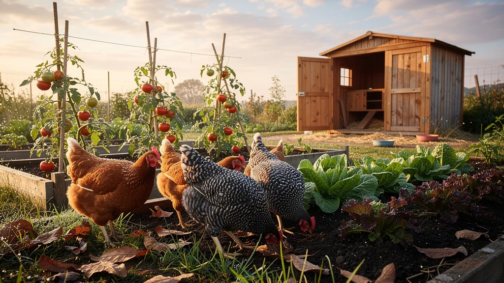 Poules dans un jardin potager luxuriant après un an de cohabitation réussie
