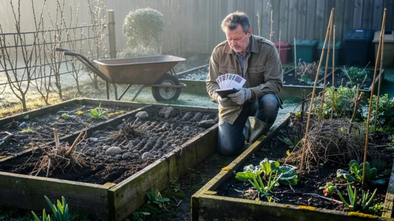 Potager avec 3 carrés de légumes ratés à refaire au printemps, scène réaliste