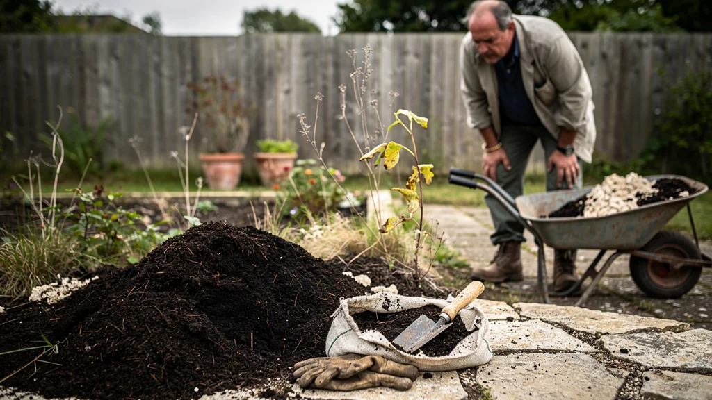 Tourbe achetée en jardinerie pour acidifier un sol calcaire fatigué dans un jardin