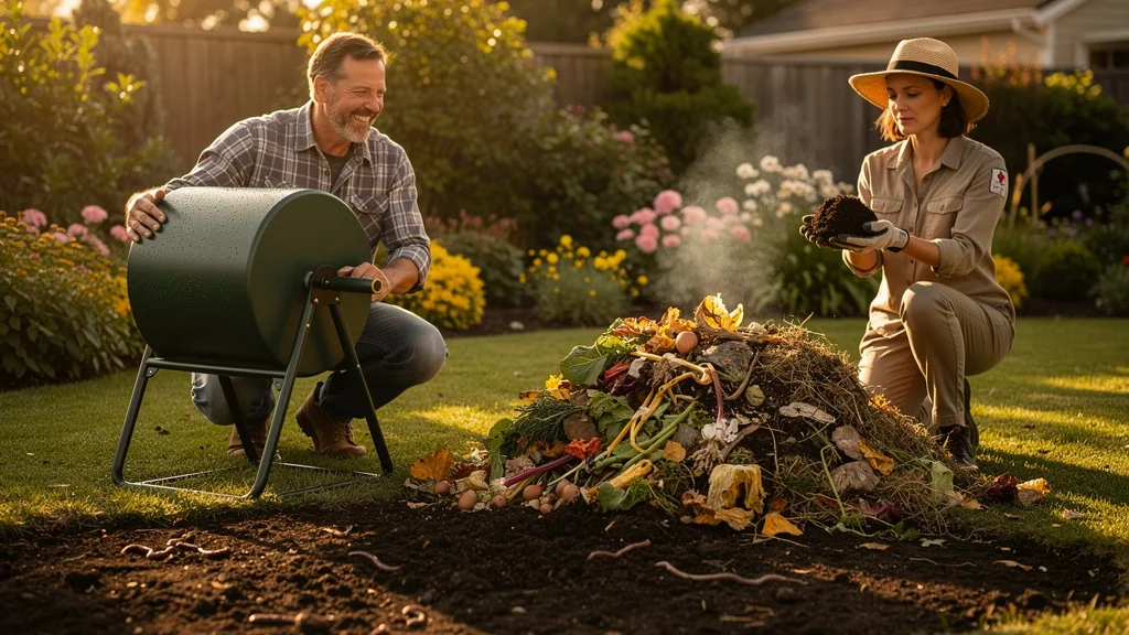 Comparaison hyper-réaliste entre bac à compost rotatif et tas de compost classique dans un jardin