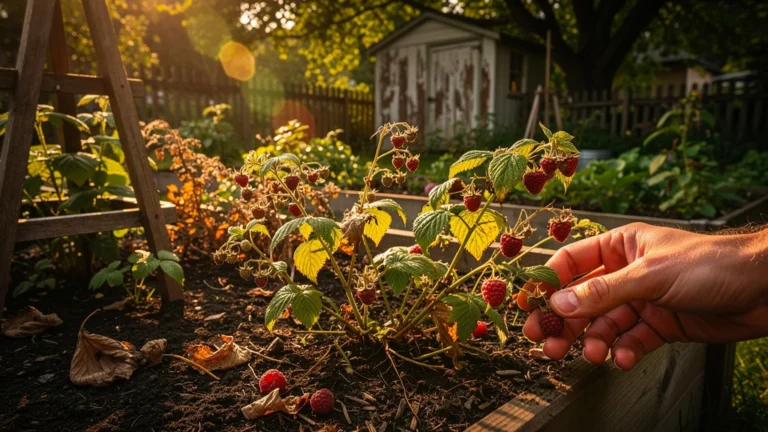 Potager avec framboisiers négligés à l'ombre, illustrant un regret sur l'exposition au soleil des plants