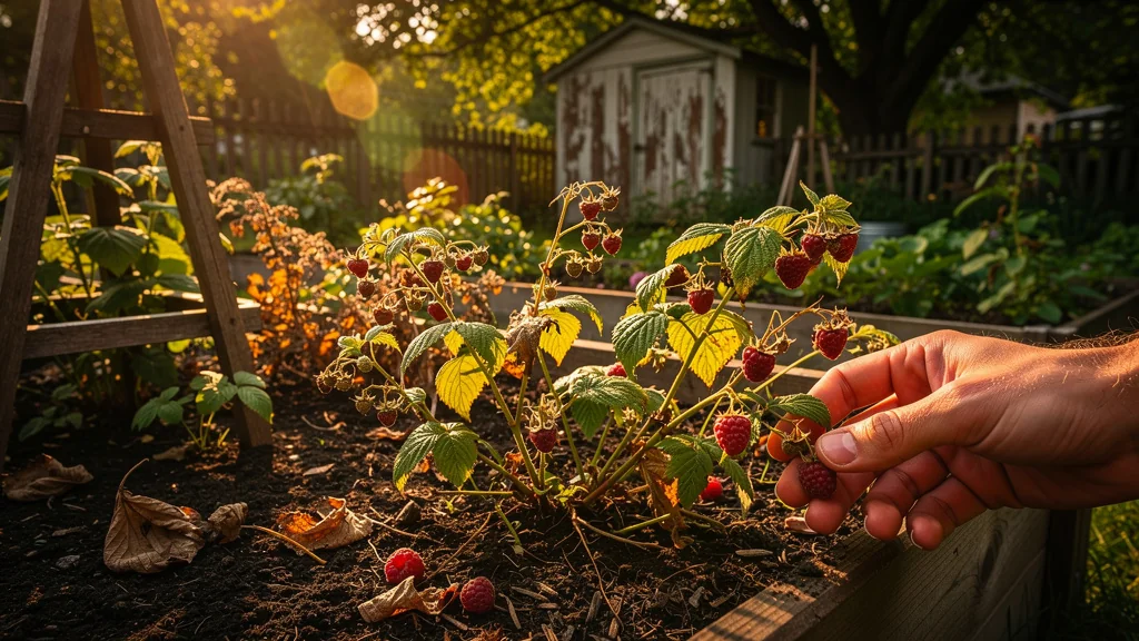 Potager avec framboisiers négligés à l'ombre, illustrant un regret sur l'exposition au soleil des plants