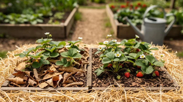Test de paillage de feuilles sèches ou de paille sur des fraisiers, avec comparaison feuilles entières et broyées