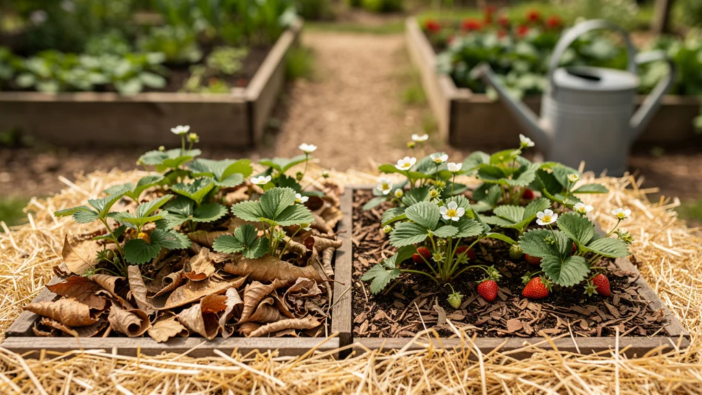 Test de paillage de feuilles sèches ou de paille sur des fraisiers, avec comparaison feuilles entières et broyées