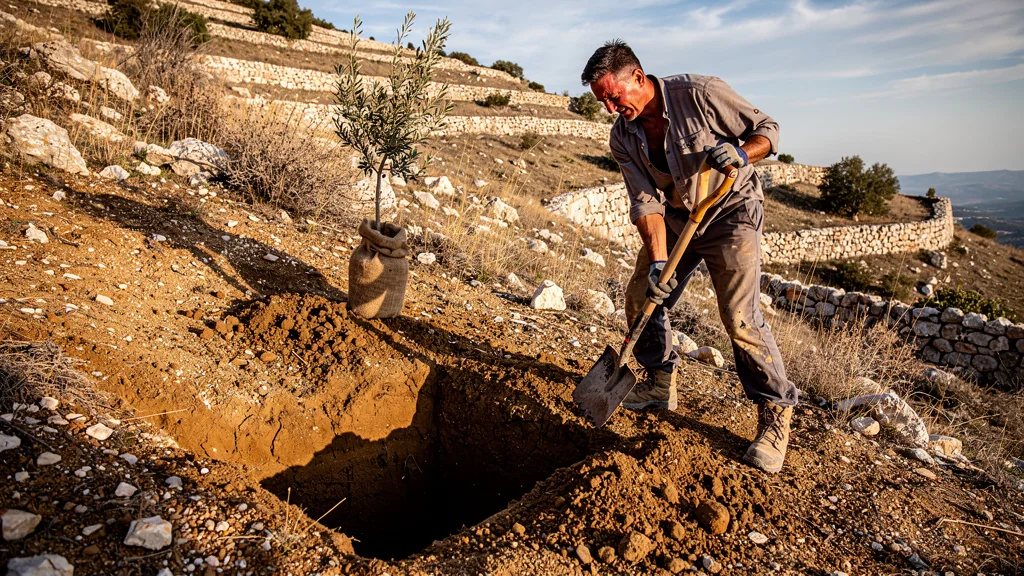 Planter un premier olivier sur terrain pentu avec un trou 80x80 difficile à creuser