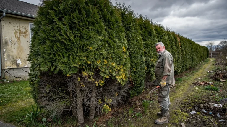 Haie de thuyas en déclin avec un jardinier frustré, illustrant pourquoi ne plus planter ces arbres