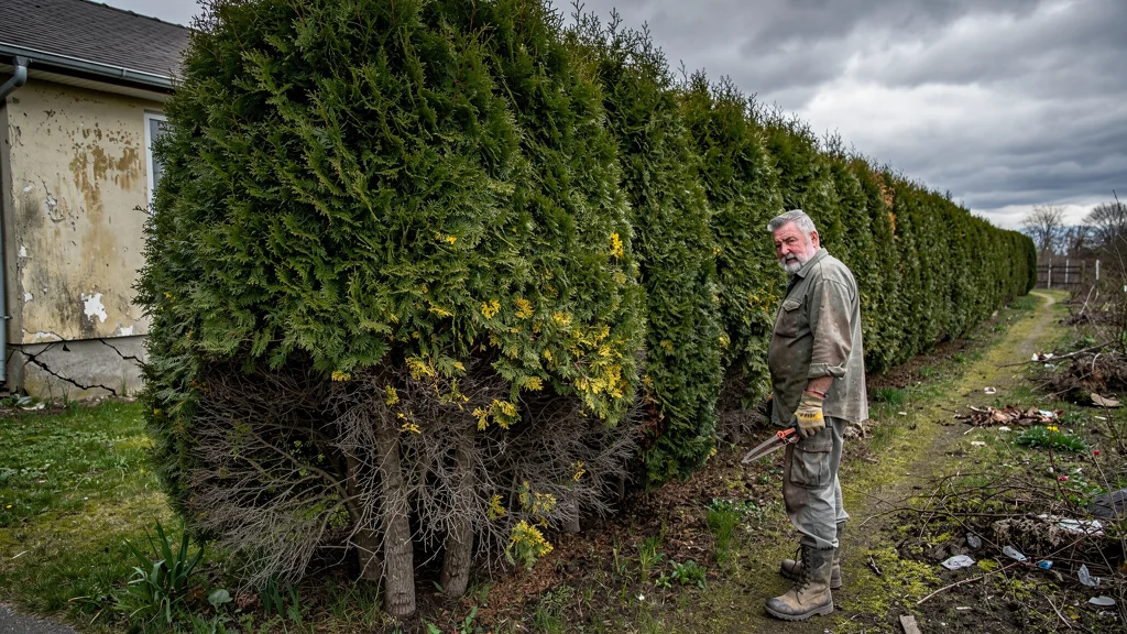Haie de thuyas en déclin avec un jardinier frustré, illustrant pourquoi ne plus planter ces arbres