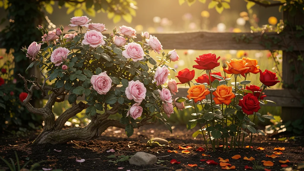 Comparaison entre rosier ancien robuste et hybride moderne éclatant en jardin ensoleillé