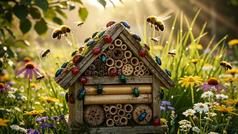Installation d’un hôtel à insectes avec une multitude d’auxiliaires arrivant en masse au jardin au lever du jour
