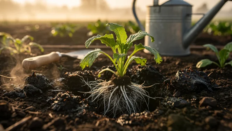 Image réaliste de racines brûlées dans un jardin par du fumier frais, montrant des plantes endommagées