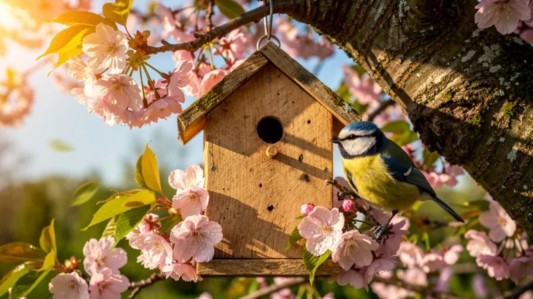 Nichoir à mésanges installé dans un cerisier en fleurs avec mésange bleue perchée et ambiance printanière réaliste