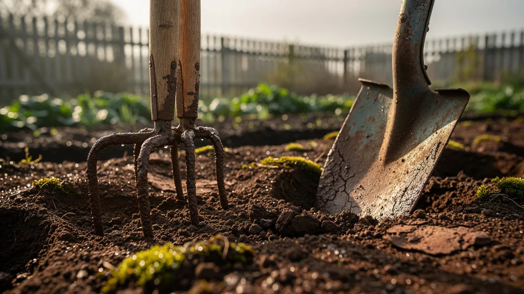Test réaliste d’une grelinette et d’une vieille bêche sur sol argileux humide en jardin