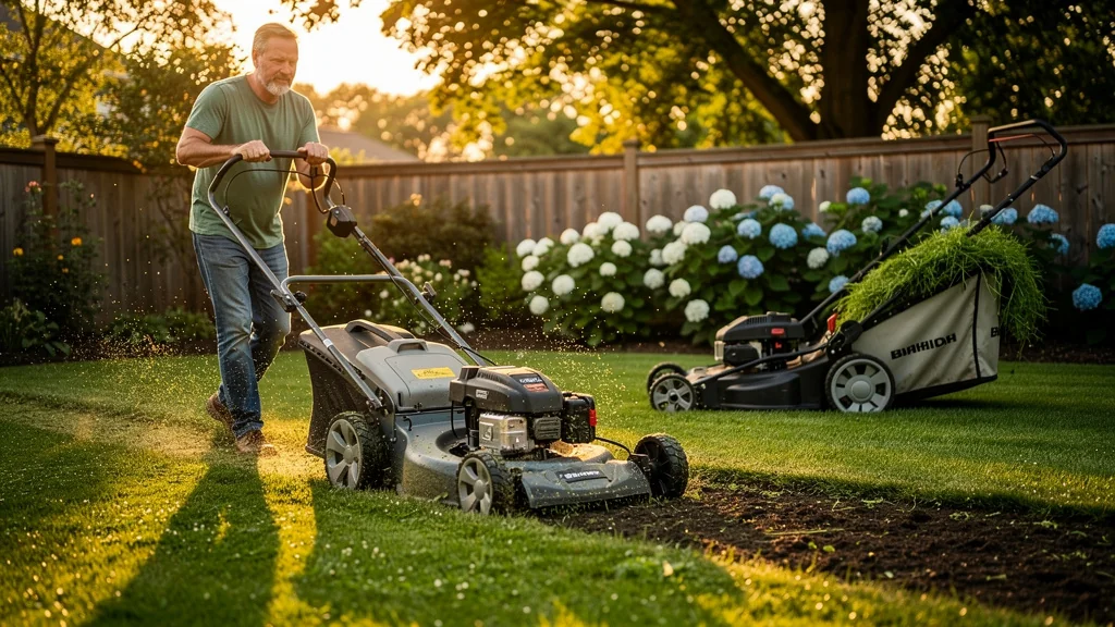 Comparaison mulching et ramassage de tonte après deux étés dans un jardin ensoleillé